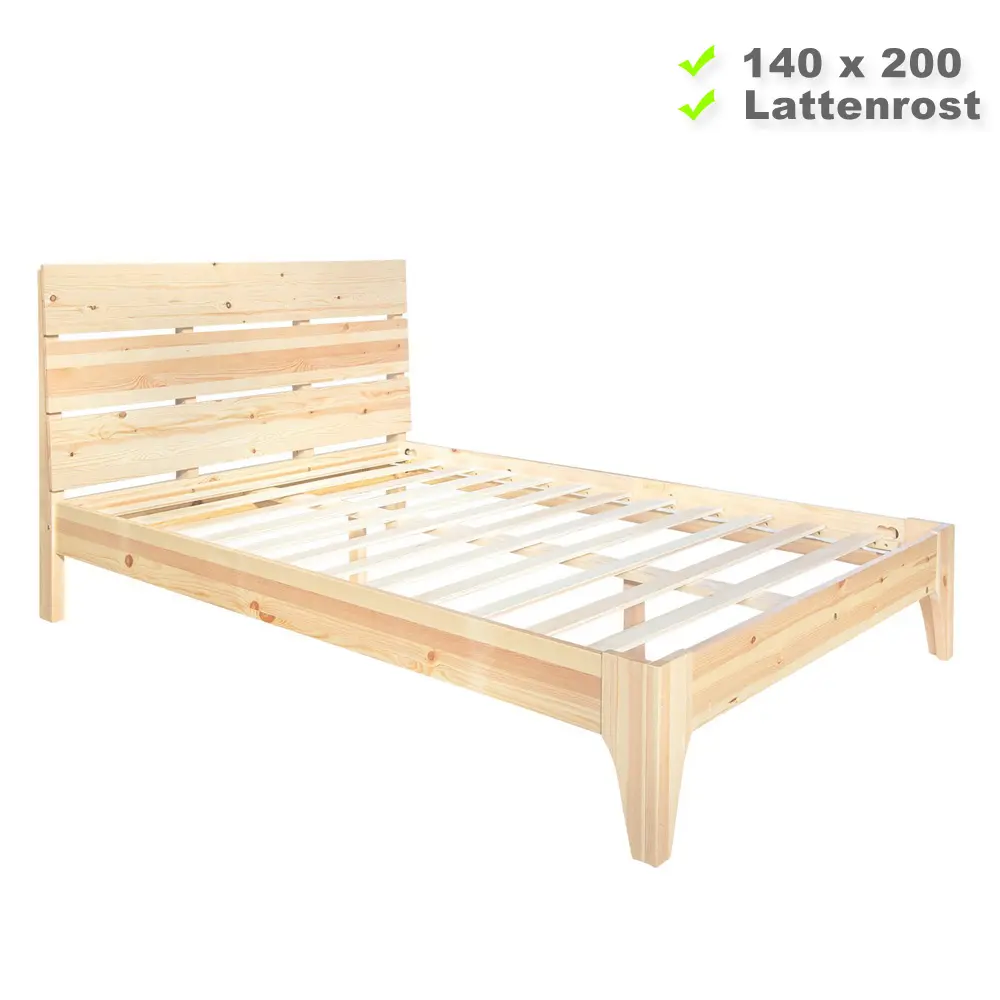 Massivholzbett 140x200 – Doppelbett mit hohem Kopfteil – Farbe: Natur