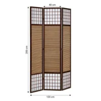 Raumteiler - Paravent 3 teilig - Höhe 200 cm aus Holz und Bambus mit Reispapier Weiß - Farbe: dunkles Braun