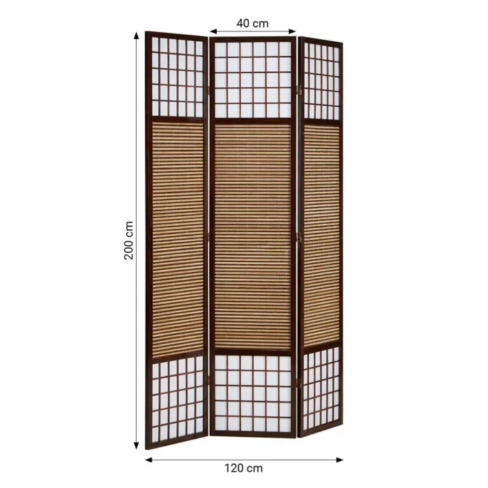Raumteiler - Paravent 3 teilig - Höhe 200 cm aus Holz und Bambus mit Reispapier Weiß - Farbe: dunkles Braun
