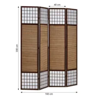 Raumteiler - Paravent 4 teilig - Höhe 200 cm aus Holz und Bambus mit Reispapier Weiß - Farbe: dunkles Braun