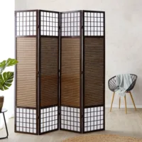 Raumteiler - Paravent 4 teilig - Höhe 200 cm aus Holz und Bambus mit Reispapier Weiß - Farbe: dunkles Braun
