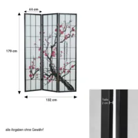 Raumteiler - Paravent 3 teilig Holz mit Shoji Reispapier und Motiv in Rot und Schwarz - Farbe: Schwarz