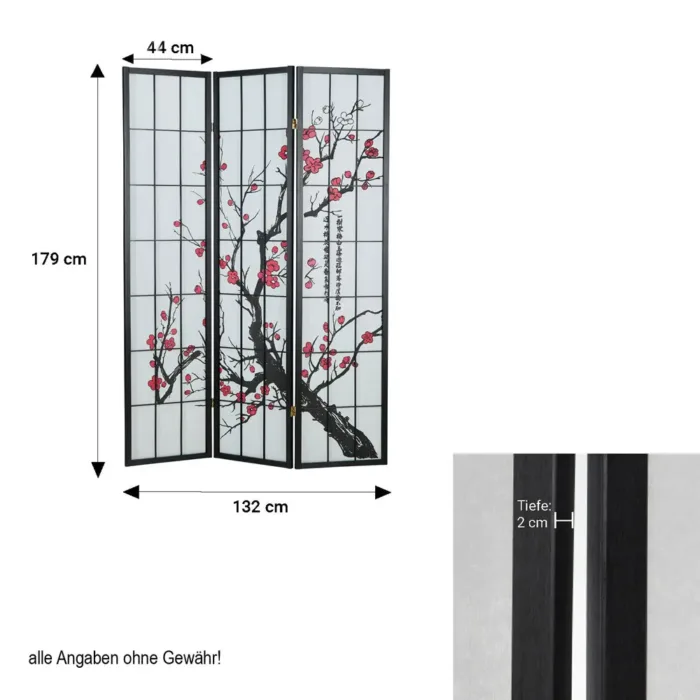 Raumteiler - Paravent 3 teilig Holz mit Shoji Reispapier und Motiv in Rot und Schwarz - Farbe: Schwarz