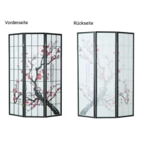 Raumteiler - Paravent 3 teilig Holz mit Shoji Reispapier und Motiv in Rot und Schwarz - Farbe: Schwarz