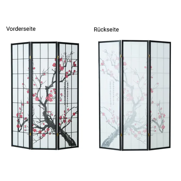 Raumteiler - Paravent 3 teilig Holz mit Shoji Reispapier und Motiv in Rot und Schwarz - Farbe: Schwarz