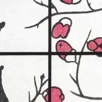 Raumteiler - Paravent 4 teilig Holz mit Shoji Reispapier und Motiv in Rot und Schwarz - Farbe: Schwarz