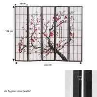 Raumteiler - Paravent 5 teilig Holz mit Shoji Reispapier und Motiv in Rot und Schwarz - Farbe: Schwarz