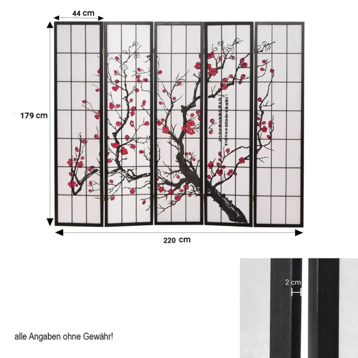 Raumteiler - Paravent 5 teilig Holz mit Shoji Reispapier und Motiv in Rot und Schwarz - Farbe: Schwarz