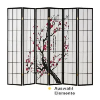 Raumteiler - Paravent 3-6 teilig Holz mit Shoji Reispapier und Motiv in Rot und Schwarz - Farbe: Schwarz