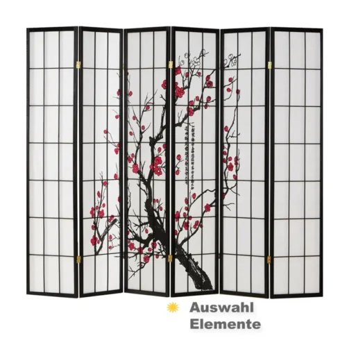 Raumteiler - Paravent 3-6 teilig Holz mit Shoji Reispapier und Motiv in Rot und Schwarz - Farbe: Schwarz