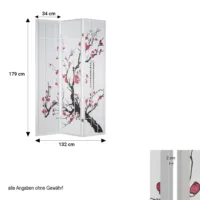 Raumteiler - Paravent 3 teilig Holz mit Shoji Reispapier und Motiv in Rot und Schwarz - Farbe: Weiß