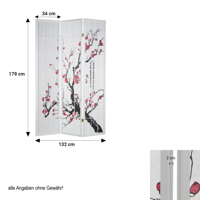 Raumteiler - Paravent 3 teilig Holz mit Shoji Reispapier und Motiv in Rot und Schwarz - Farbe: Weiß