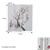 Raumteiler - Paravent 4 teilig Holz mit Shoji Reispapier und Motiv in Rot und Schwarz - Farbe: Weiß