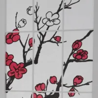 Raumteiler - Paravent 4 teilig Holz mit Shoji Reispapier und Motiv in Rot und Schwarz - Farbe: Weiß