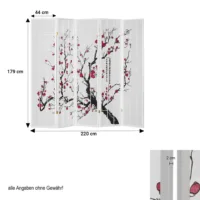 Raumteiler - Paravent 5 teilig Holz mit Shoji Reispapier und Motiv in Rot und Schwarz - Farbe: Weiß