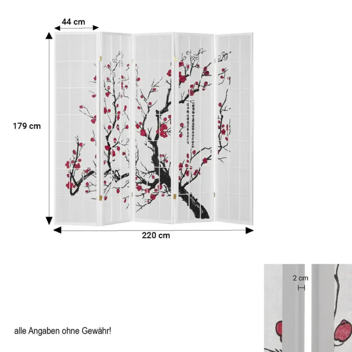 Raumteiler - Paravent 5 teilig Holz mit Shoji Reispapier und Motiv in Rot und Schwarz - Farbe: Weiß
