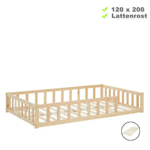 Bodenbett im Montessori Design 120×200 - Echtholz Kinderbett mit Gitterschutz – Farbe: Natur