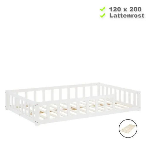 Massivholz-Bodenbett 120x200 für Tag und Nacht - Kinderbett im Montessori Stil - Farbe: Weiß