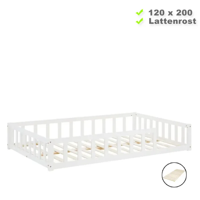 Massivholz-Bodenbett 120x200 für Tag und Nacht - Kinderbett im Montessori Stil - Farbe: Weiß
