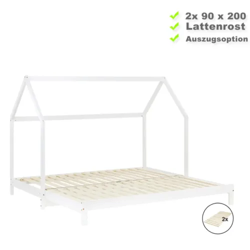 Kinderdoppelbett 90x200 mit Zusatzliegefläche - Magisches Massivholz Hausbett 2x 90x200 - Farbe: Weiß