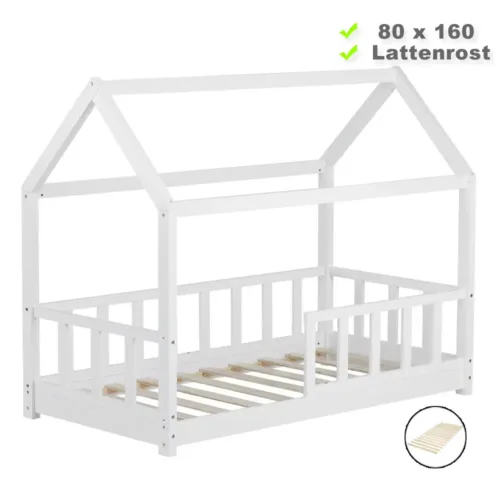 Hausbett 80x160 - Kinderbett mit Rausfallschutz - Farbe: Weiß