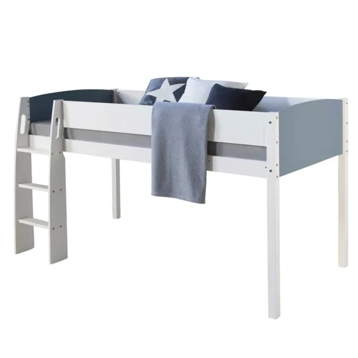 Kinder- und Jugendbett 90x200 – Hochbett mit Leiter – Farbe: Weiß Grau