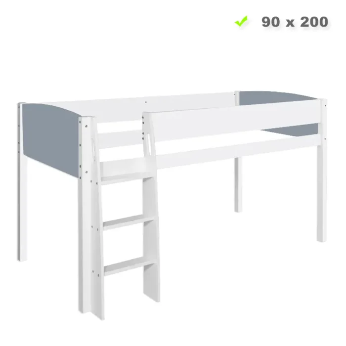 Kinder- und Jugendbett 90x200 – Hochbett mit Leiter – Farbe: Weiß Grau