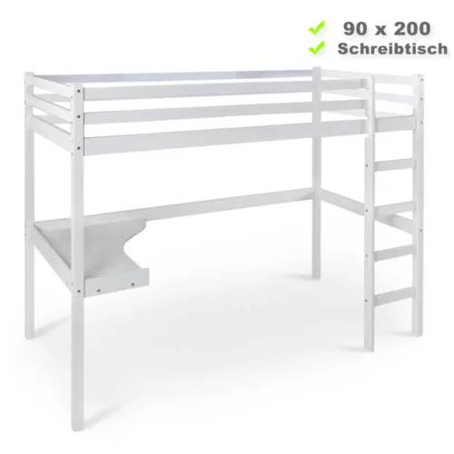Hochbett mit Ablage 90x200 - Jugend- und Kinderbett mit Schreibtisch - Farbe: Weiß