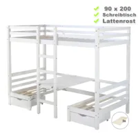 Kinderbett 90x200 – Hochbett mit Sitzbank Tisch Leiter Schubladen – Farbe: Weiß