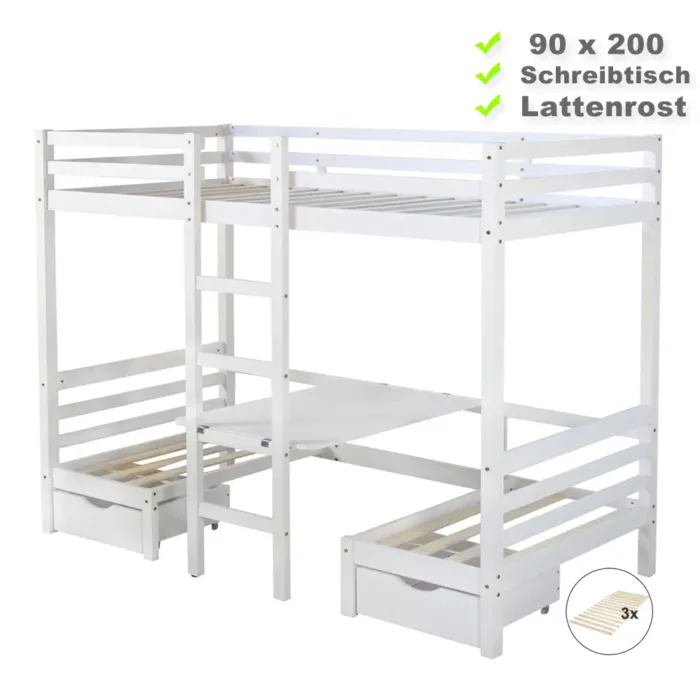 Kinderbett 90x200 – Hochbett mit Sitzbank Tisch Leiter Schubladen – Farbe: Weiß