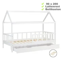 Hausbett 90x200 – Kinderbett mit Bettkasten und Rausfallschutz – Farbe: Weiß