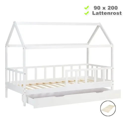 Hausbett 90x200 – Kinderbett mit Bettkasten und Rausfallschutz – Farbe: Weiß