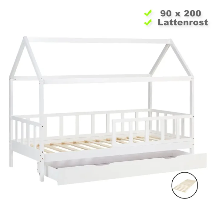 Hausbett 90x200 – Kinderbett mit Bettkasten und Rausfallschutz – Farbe: Weiß