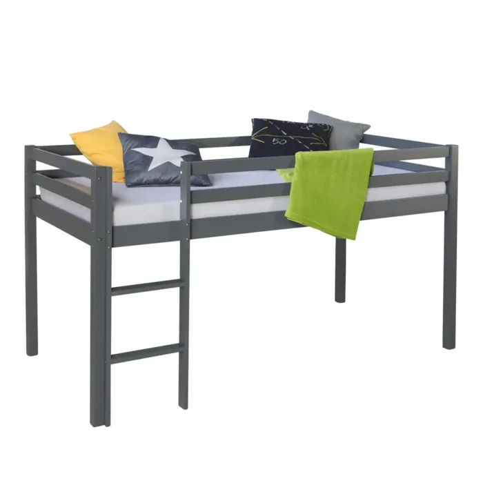 Kinderbett 90x200 - Kiefernholz-Hochbett mit Leiter - Farbe: Grau