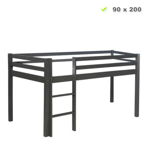 Kinderbett 90x200 - Kiefernholz-Hochbett mit Leiter - Farbe: Grau