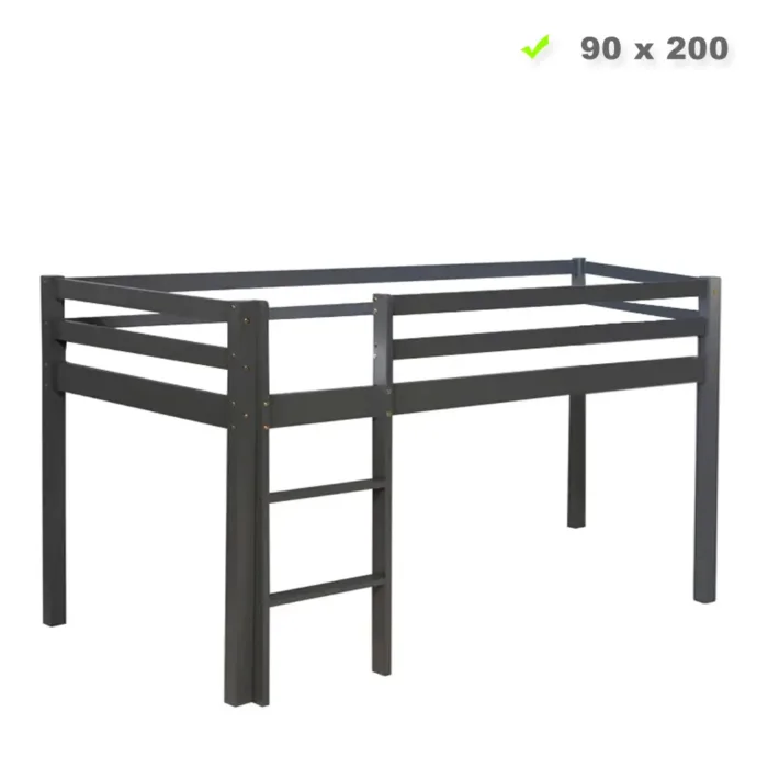 Kinderbett 90x200 - Kiefernholz-Hochbett mit Leiter - Farbe: Grau