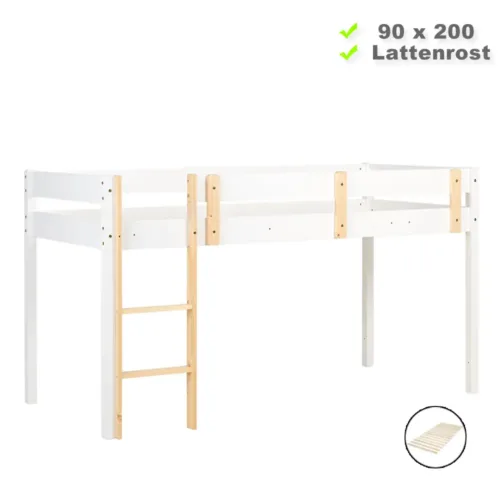 Hochbett 90x200 - Kinderbett aus Holz mit naturfarbener Leiter - Farbe: Weiß Natur