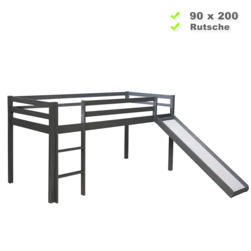 Kinderbett 90x200 - Kiefernholz-Hochbett mit Rutsche und Leiter - Farbe: Grau