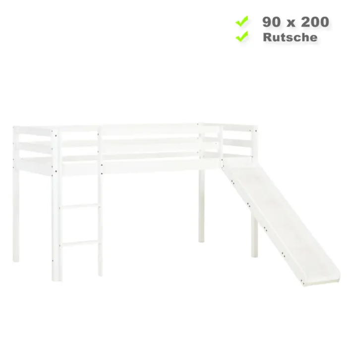 Kinderbett 90x200 - Hochbett mit Rutsche und Leiter - Farbe: Weiß