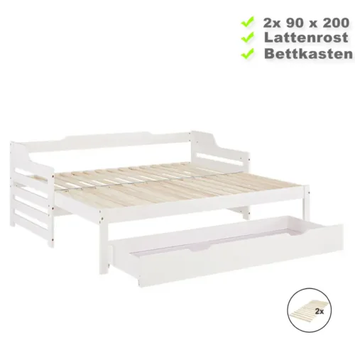 Ausziehbett 2x 90x200 - Einzelbett und Doppelbett aus Holz mit Bettschublade - Farbe: Weiß