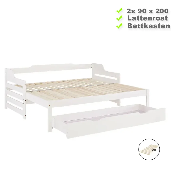 Ausziehbett 2x 90x200 - Einzelbett und Doppelbett aus Holz mit Bettschublade - Farbe: Weiß