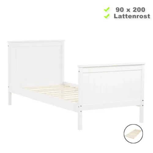 Einzelbett 90x200 – Holz Kinder- und Jugendbett mit hohem Kopf und Fußrahmen – Farbe: Weiß