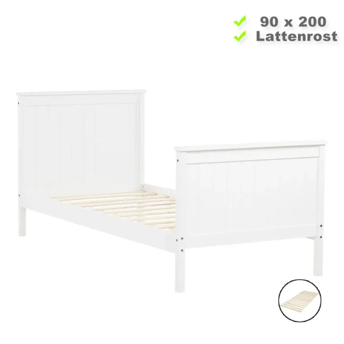 Einzelbett 90x200 – Holz Kinder- und Jugendbett mit hohem Kopf und Fußrahmen – Farbe: Weiß
