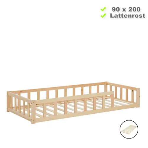 Montessori-Bett für kleine Erkunder - Vollholz-Bodenbett 90x200 für erholsame Zeiten - Farbe: Natur