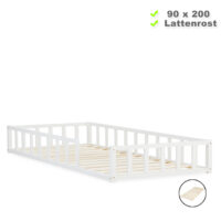 Montessori-Bett für kleine Entdecker - Massivholz-Bodenbett 90x200 für fantasievolle Spielstunden - Farbe: Weiß