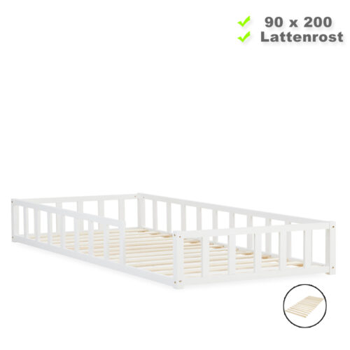 Montessori-Bett für kleine Entdecker - Massivholz-Bodenbett 90x200 für fantasievolle Spielstunden - Farbe: Weiß