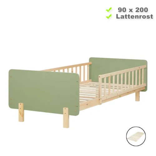 Bett für Kinder 90x200 - Bett mit Rausfallschutz und Korpus aus Holz in Natur mit Elementen in Grün