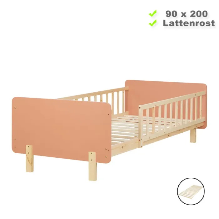 Kinderbett 90x200 mit Rausfallschutz - Gitterbett mit einem Holz Rahmen in Natur mit Elementen in Rot