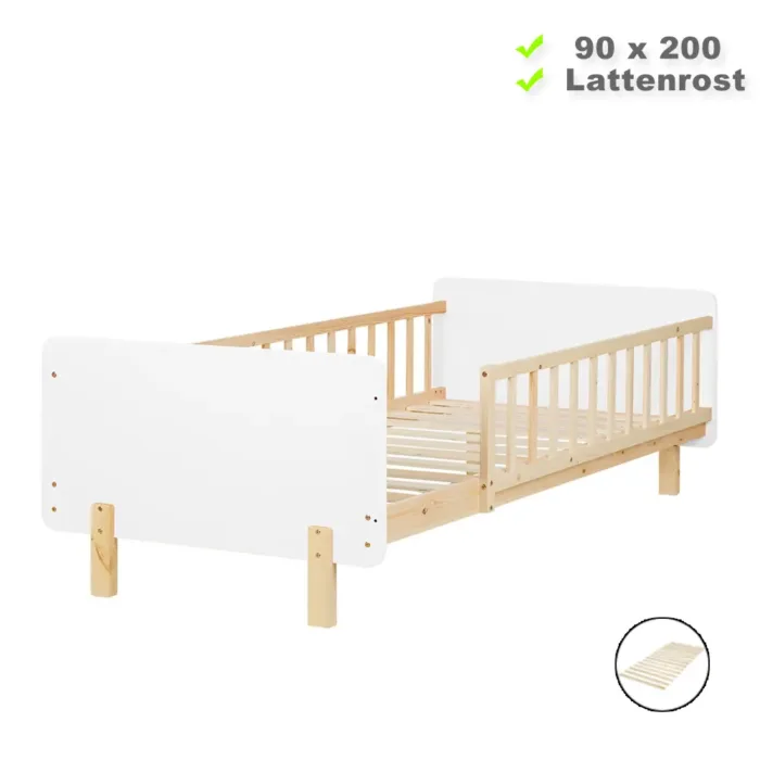 Kinderbett 90x200 - Stabiles Rausfallschutz Bett mit einem Holzrahmen in Natur mit Elementen in Weiß