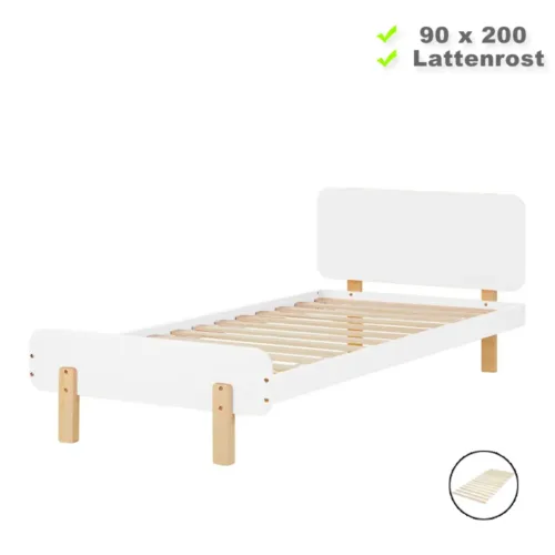 Kinderbett 90x200 - Holzbett mit einem Bettrahmen in Weiß und Elementen in Natur